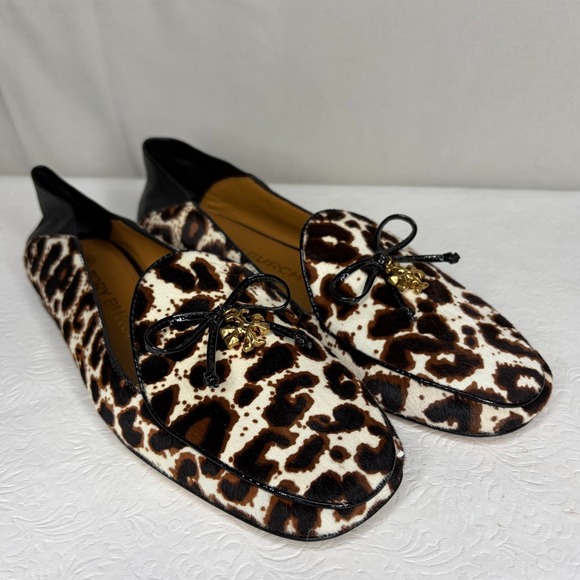 Tory Burch Shoes - Tory Burch Charm Leopard Calf Hair Loafers Black Leather Trim Logo Bow Flats 8M‎